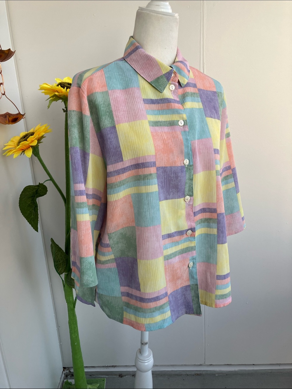 Vintage 90s Y2K Pastel Colorblock Patchwork Long Sleeve Button Up Collared Shirt